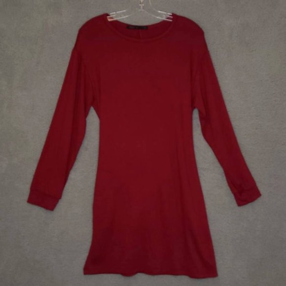 Fraiche By J Womens T Shirt Dress Burgundy Knee Length Long‎ Sleeve Sash L - Picture 1 of 8